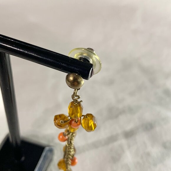 Bohemian Dangle Earrings - Amber Glass & Coral Beaded Jewelry - Brass Tone Chain - Picture 3 of 8